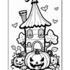 A whimsical coloring page featuring a small, cartoonish house with a tall, pointed roof and a chimney, surrounded by large pumpkins with carved faces and leafy vines. Butterflies float around the scene, adding to the playful atmosphere.
