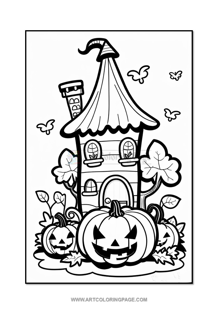 A whimsical coloring page featuring a small, cartoonish house with a tall, pointed roof and a chimney, surrounded by large pumpkins with carved faces and leafy vines. Butterflies float around the scene, adding to the playful atmosphere.