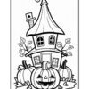 A whimsical illustration of a house with a pointed roof surrounded by pumpkins and leaves, designed for coloring.