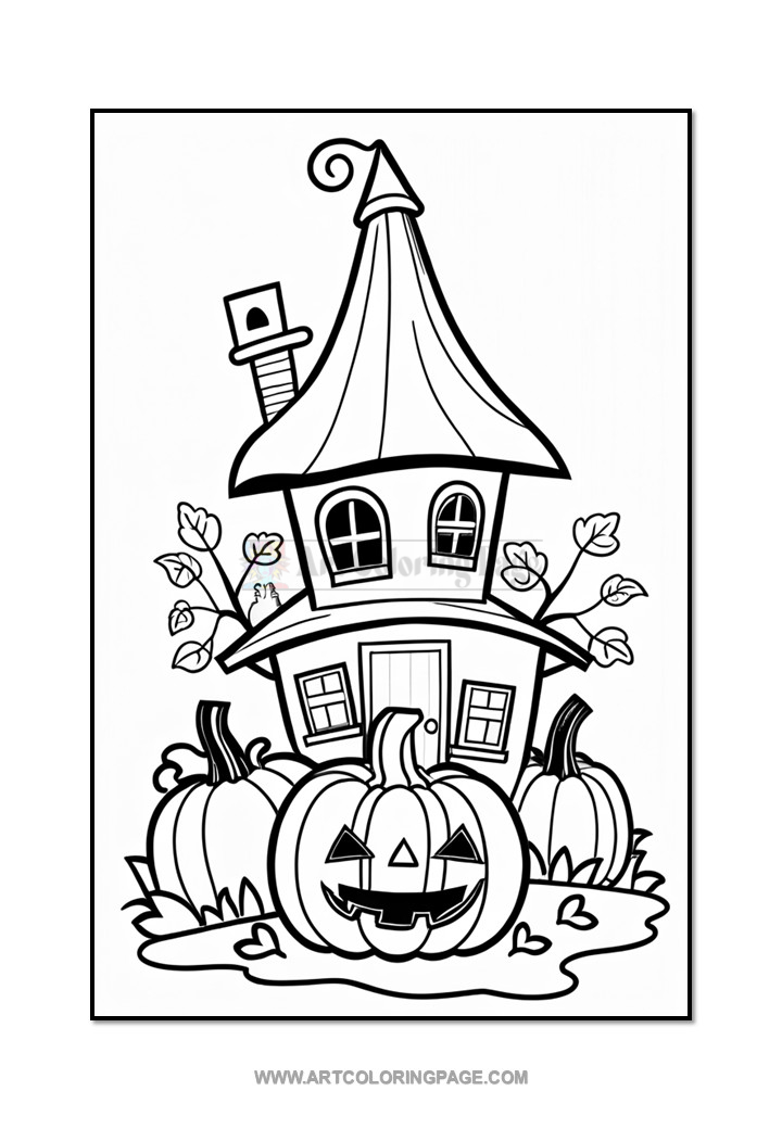 A whimsical illustration of a house with a pointed roof surrounded by pumpkins and leaves, designed for coloring.