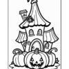 A whimsical haunted house with a tall, pointed roof and a small chimney, surrounded by large pumpkins, including one with a carved face, all outlined for coloring.