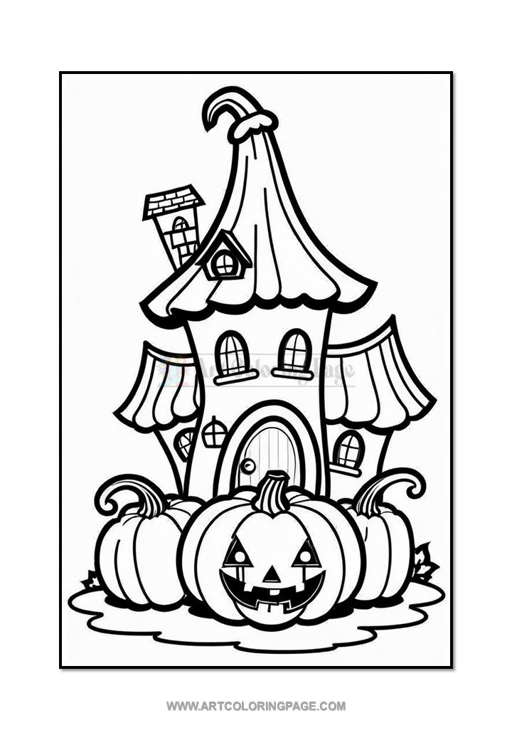 A whimsical haunted house with a tall, pointed roof and a small chimney, surrounded by large pumpkins, including one with a carved face, all outlined for coloring.