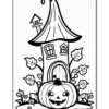 A whimsical cartoon-style witch's house with a tall, pointed hat roof, next to a smiling carved pumpkin, surrounded by playful vines and leaves, depicted in black and white for coloring.