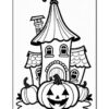 A whimsical cartoon-style house with a tall, pointed roof and a chimney, surrounded by smiling jack-o'-lanterns, depicting a Halloween theme in a coloring page design.