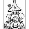A whimsical, cartoon-style house with a pointed roof, surrounded by large pumpkins and leafy plants, creating a Halloween-themed scene.
