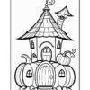 A whimsical line art drawing of a fairytale house with a pointed roof and chimney, surrounded by large pumpkins.