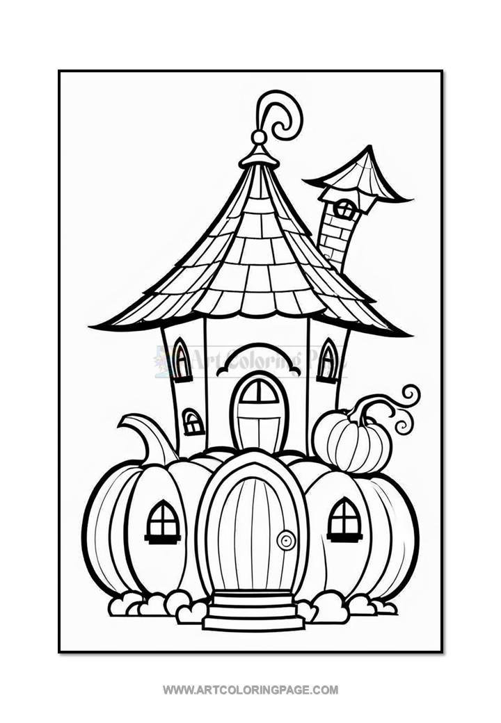 A whimsical line art drawing of a fairytale house with a pointed roof and chimney, surrounded by large pumpkins.