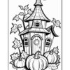 A whimsical black-and-white illustration of a house with a pointed roof surrounded by three pumpkins and decorative leaves, designed for coloring.