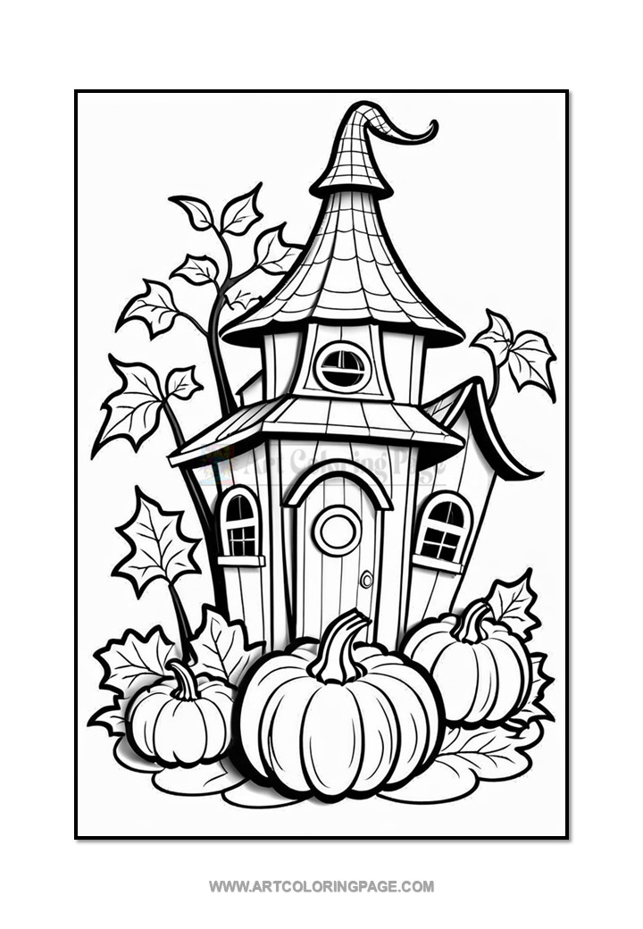 A whimsical black-and-white illustration of a house with a pointed roof surrounded by three pumpkins and decorative leaves, designed for coloring.