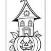 A black and white illustration of a whimsical Halloween house with a slanted roof, windows, and a door, accompanied by a large, smiling jack-o'-lantern and green leaves, ideal for coloring.