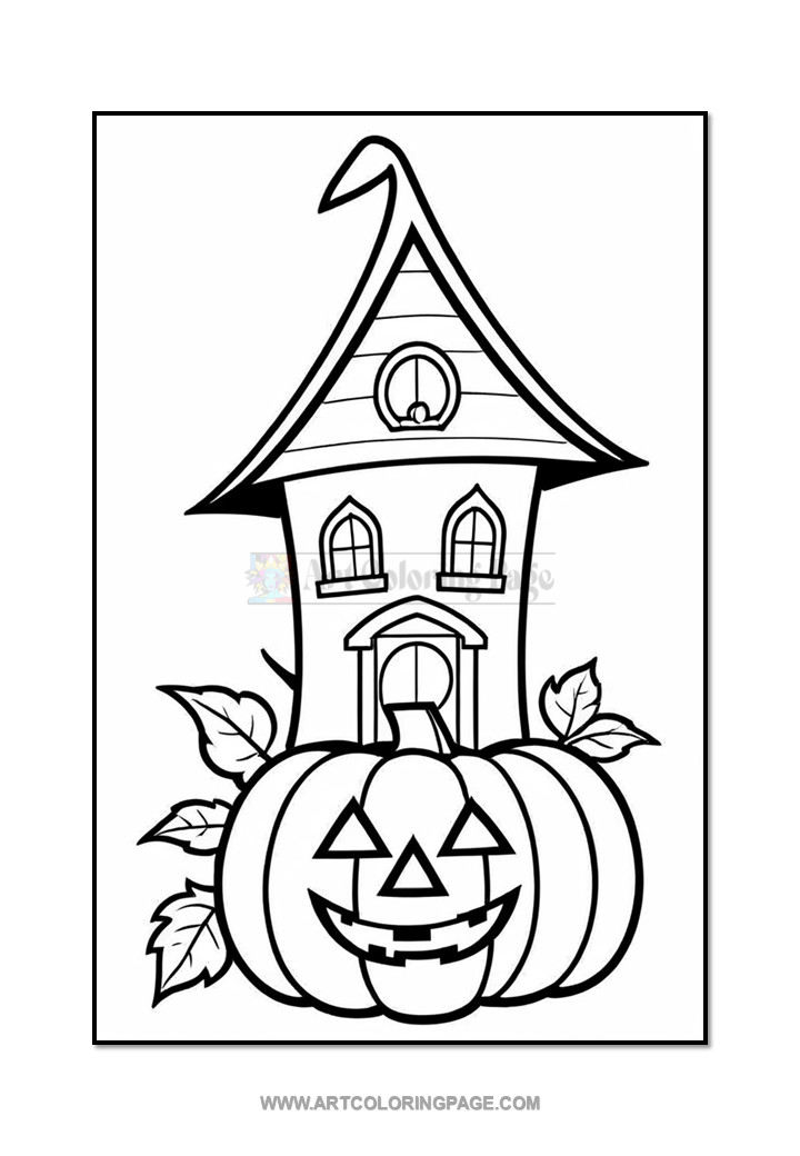 A black and white illustration of a whimsical Halloween house with a slanted roof, windows, and a door, accompanied by a large, smiling jack-o'-lantern and green leaves, ideal for coloring.