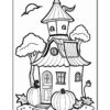 A black and white line drawing of a whimsical house with a pointed roof, surrounded by trees, pumpkins, and a lantern, under a cloudy sky.