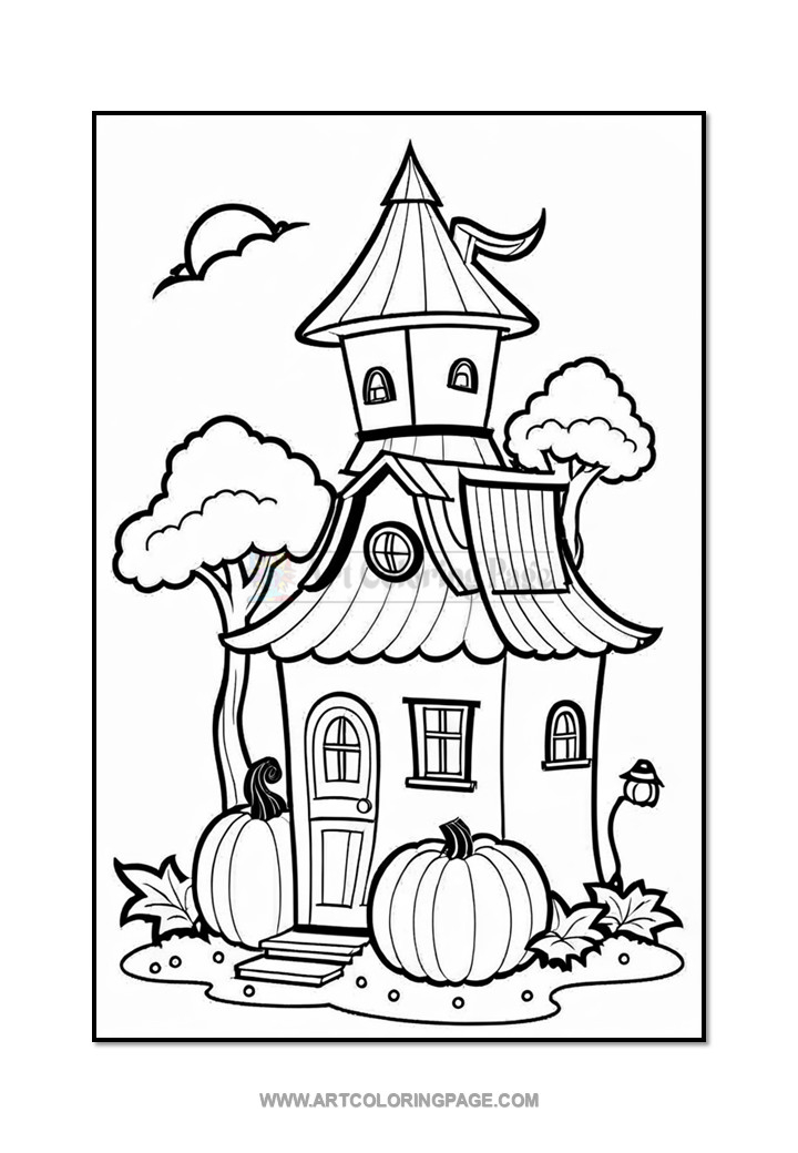 A black and white line drawing of a whimsical house with a pointed roof, surrounded by trees, pumpkins, and a lantern, under a cloudy sky.
