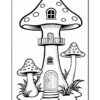 A black and white coloring page featuring a whimsical mushroom-shaped house with a door and a balcony, surrounded by smaller mushrooms and grass.