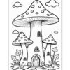 A whimsical black-and-white illustration of three large mushrooms resembling houses, complete with doors and windows, surrounded by small plants and clouds in a colorful environment, designed for coloring.