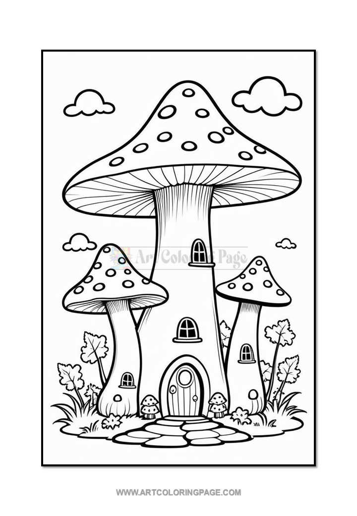 A whimsical black-and-white illustration of three large mushrooms resembling houses, complete with doors and windows, surrounded by small plants and clouds in a colorful environment, designed for coloring.