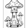 A whimsical black and white illustration of a mushroom house surrounded by smaller mushrooms, featuring a door and windows on the main structure, suitable for coloring.