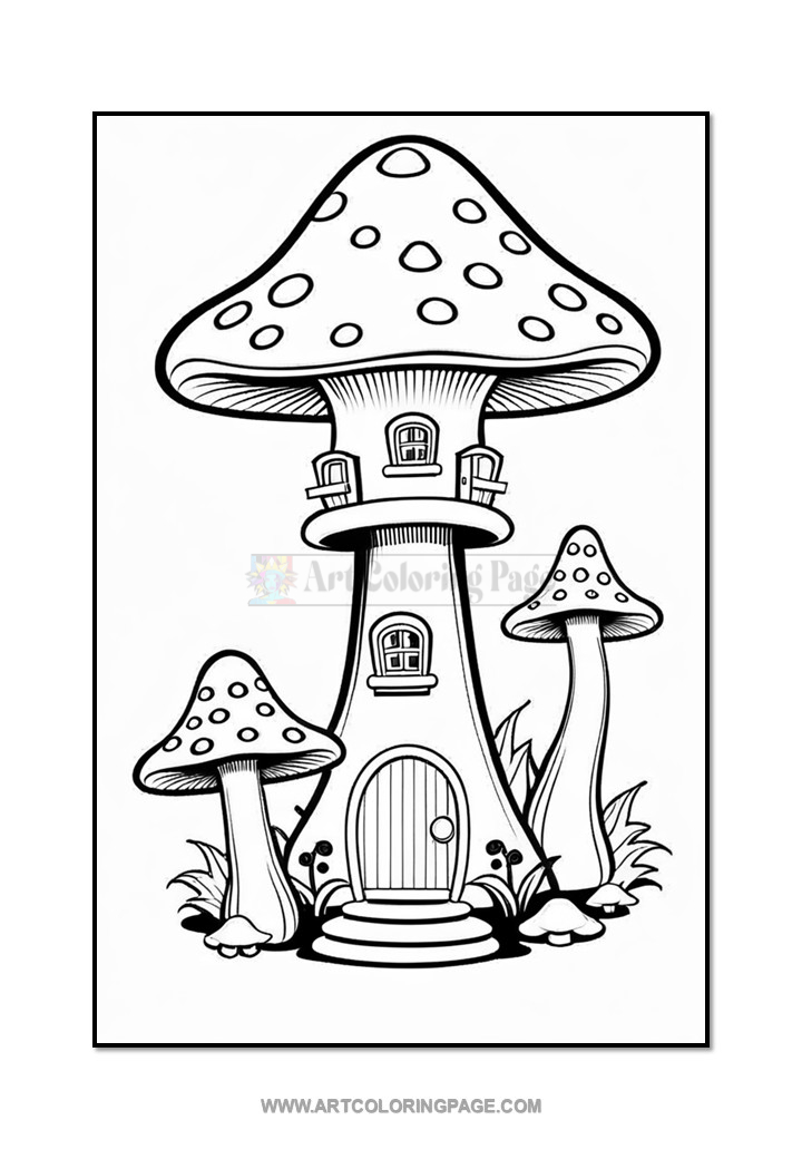 A whimsical black and white illustration of a mushroom house surrounded by smaller mushrooms, featuring a door and windows on the main structure, suitable for coloring.