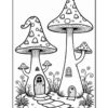 A whimsical illustration of two large mushrooms resembling houses, with doors and windows, surrounded by smaller mushrooms and playful grass elements, ideal for coloring activities.