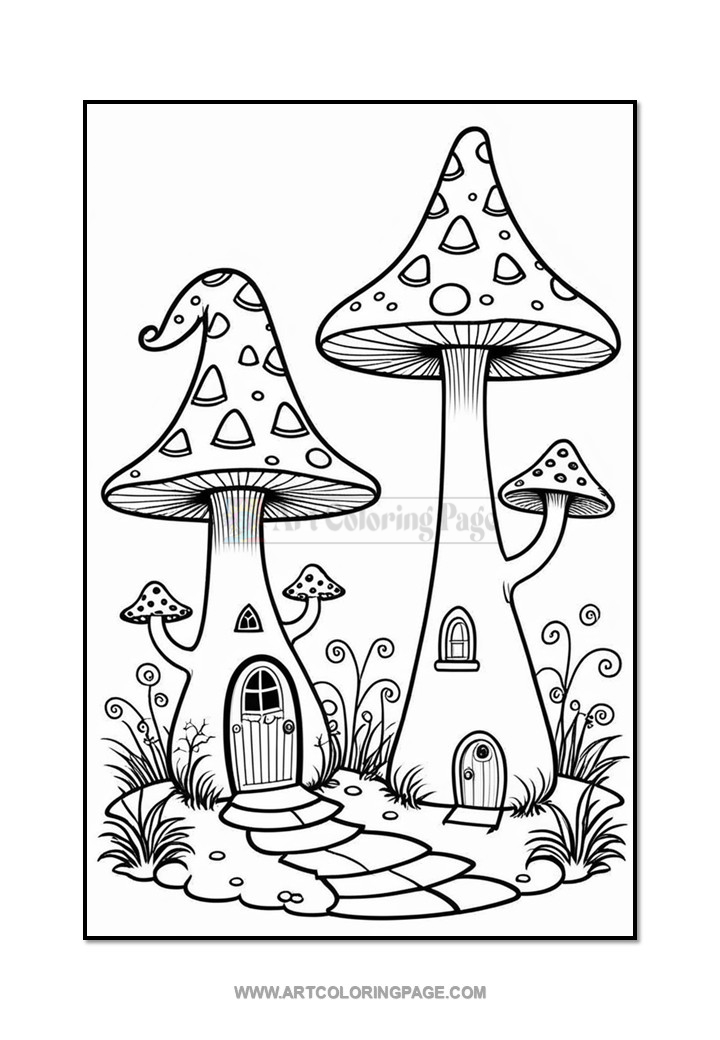 A whimsical illustration of two large mushrooms resembling houses, with doors and windows, surrounded by smaller mushrooms and playful grass elements, ideal for coloring activities.