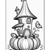 A whimsical black and white illustration of a fairy-tale house with a conical roof, surrounded by large, round pumpkins and swirling vines.