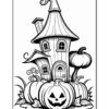 A whimsical black and white coloring page featuring a small, cartoonish house with a pointed roof, nestled among large pumpkins. One pumpkin is grinning with a jack-o'-lantern face. The scene is set with curling vines and leaves around the pumpkins.