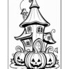A whimsical black and white illustration of a quirky house with a tall, pointed roof, surrounded by carved pumpkins with smiling faces, creating a Halloween theme.