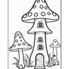 A black and white illustration of whimsical mushroom-shaped houses, featuring one tall house with a round door and multiple windows, alongside two smaller mushrooms, all surrounded by grass.