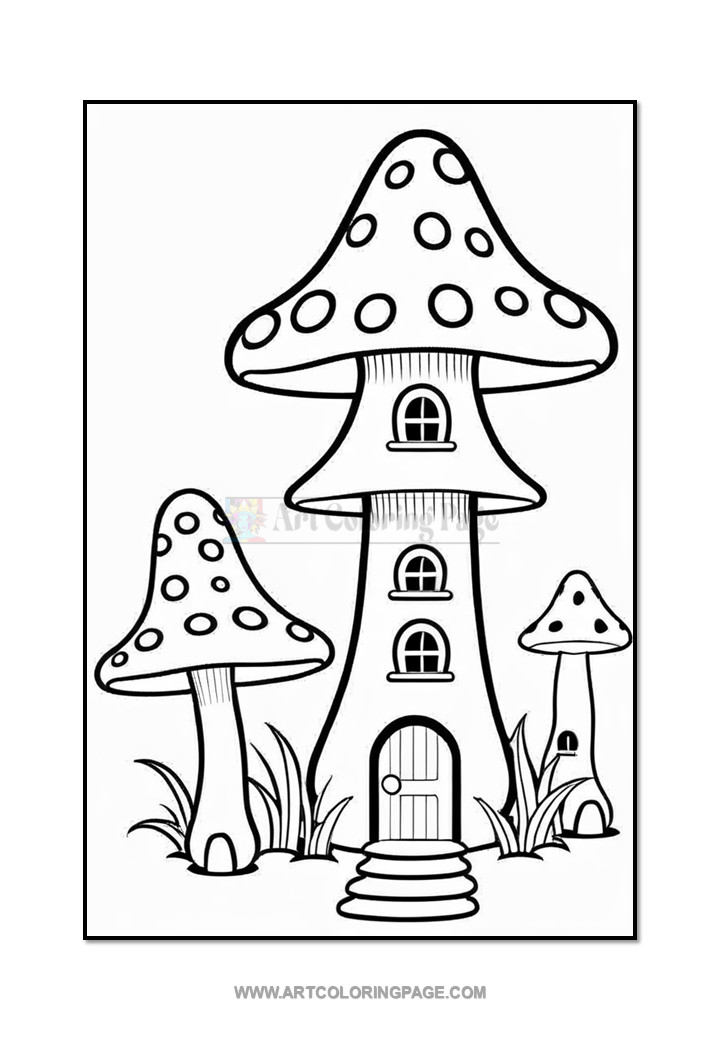 A black and white illustration of whimsical mushroom-shaped houses, featuring one tall house with a round door and multiple windows, alongside two smaller mushrooms, all surrounded by grass.
