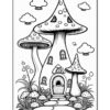 A black and white coloring page featuring whimsical mushrooms with a small house in the center, surrounded by various plants and smaller mushrooms, under a sky with fluffy clouds.