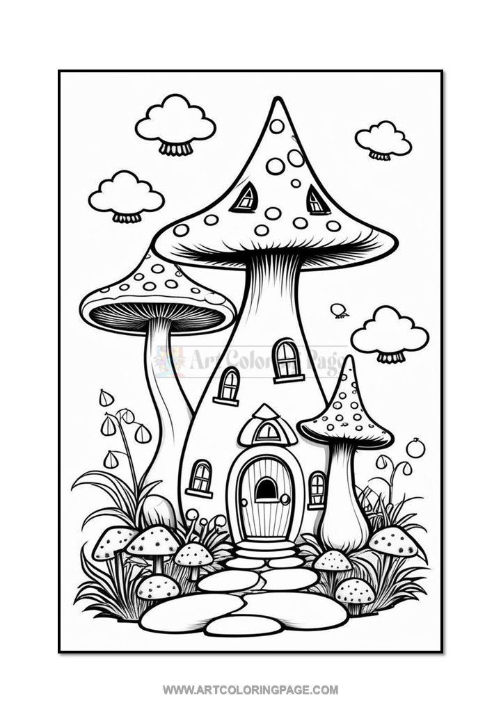A black and white coloring page featuring whimsical mushrooms with a small house in the center, surrounded by various plants and smaller mushrooms, under a sky with fluffy clouds.