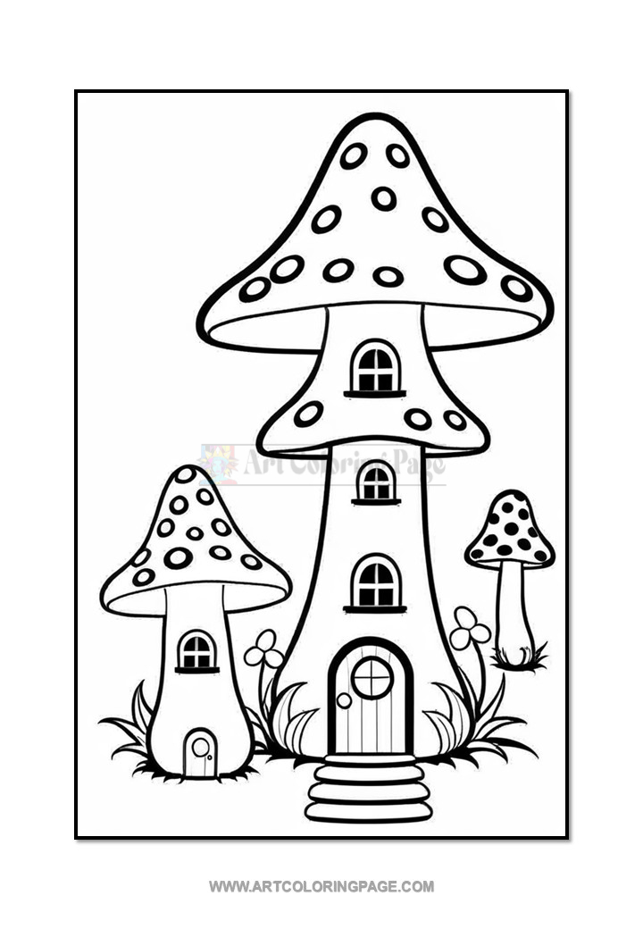 Black and white coloring page featuring two whimsical mushroom houses with windows and doors, surrounded by flowers and grass.