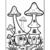 A whimsical black and white illustration of two mushroom-shaped houses with windows and doors, surrounded by smaller mushrooms and grass, ideal for coloring.