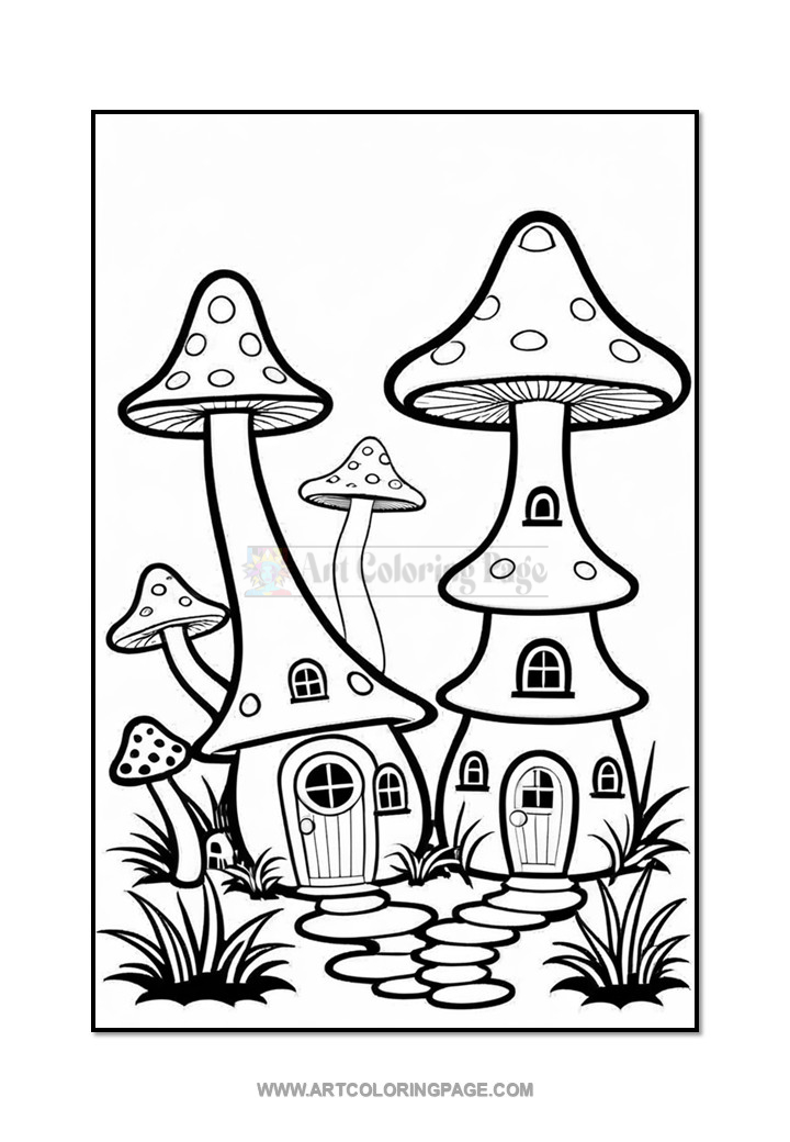 A whimsical black and white illustration of two mushroom-shaped houses with windows and doors, surrounded by smaller mushrooms and grass, ideal for coloring.