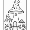 A black and white illustration of a whimsical mushroom house surrounded by smaller mushrooms, grass, and stones, designed for coloring activities.