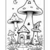 A whimsical black and white coloring page featuring several oversized mushroom houses with doorways and windows, surrounded by grass and small plants, set against a moon and starry sky.