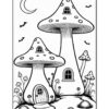 A whimsical black and white illustration of two large, mushroom-shaped houses surrounded by small flowers and rocks, set against a moonlit night sky with bats flying above.