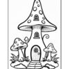 A whimsical black and white illustration of a mushroom-shaped house surrounded by smaller mushrooms and grass, with a front door and windows for coloring.