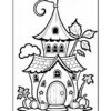 A whimsical, cartoon-style illustration of a small house with a pointed roof, surrounded by pumpkins and vines, designed for coloring.