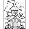 A whimsical black and white line drawing of a fairytale-style house with a pointed roof and chimney, surrounded by smiling jack-o'-lanterns and decorative swirls in the foreground, and clouds in the background.