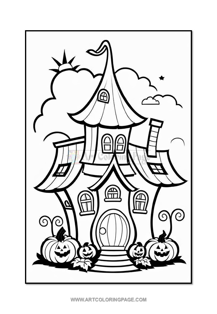 A whimsical black and white line drawing of a fairytale-style house with a pointed roof and chimney, surrounded by smiling jack-o'-lanterns and decorative swirls in the foreground, and clouds in the background.