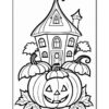 A haunted house with a pointed roof surrounded by pumpkins and leaves, designed as a coloring page.