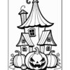 A black and white coloring page featuring a whimsical Halloween-themed house with a tall roof, surrounded by various pumpkins, including a large jack-o'-lantern with an evil grin, and smaller pumpkins nearby, set against a simple background.