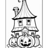 A black and white coloring page featuring a whimsical house with a pointed roof, surrounded by large, grinning jack-o'-lanterns on a grassy patch, perfect for Halloween-themed coloring.