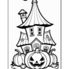 A black and white outline drawing of a whimsical haunted house with a pointed roof, windows, and a small chimney, surrounded by several pumpkins, including one with a jack-o'-lantern face, suitable for coloring.