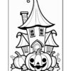 A whimsical haunted house with a tall, pointed roof and a friendly jack-o'-lantern in front, surrounded by pumpkins and autumn leaves, outlined in black for coloring purposes.