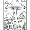 A black and white coloring page featuring whimsical mushrooms that resemble houses, complete with doors and windows, surrounded by flowers and clouds.
