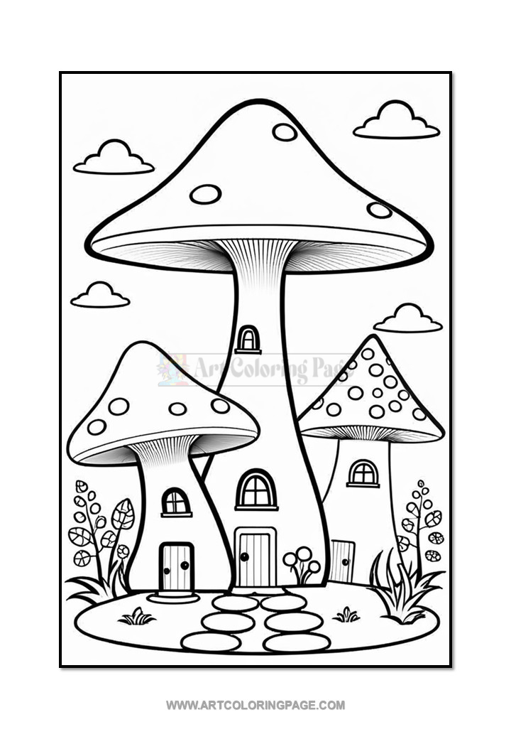 A black and white coloring page featuring whimsical mushrooms that resemble houses, complete with doors and windows, surrounded by flowers and clouds.