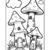 A black and white coloring page featuring three large, whimsical mushroom houses with doors and windows, set on a grassy area under a few fluffy clouds.