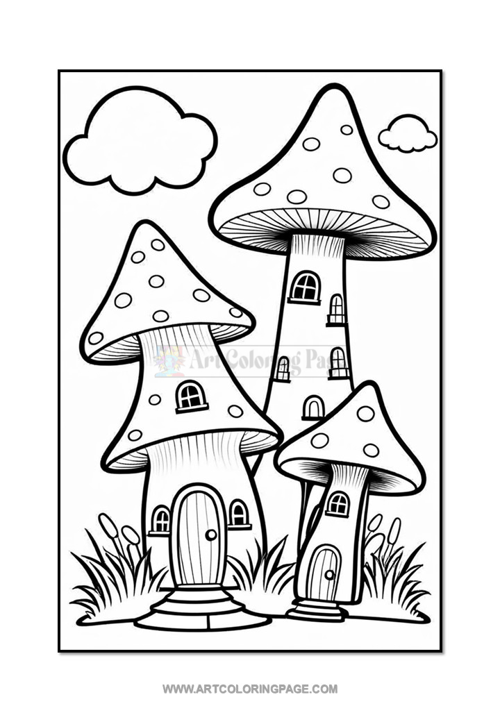 A black and white coloring page featuring three large, whimsical mushroom houses with doors and windows, set on a grassy area under a few fluffy clouds.